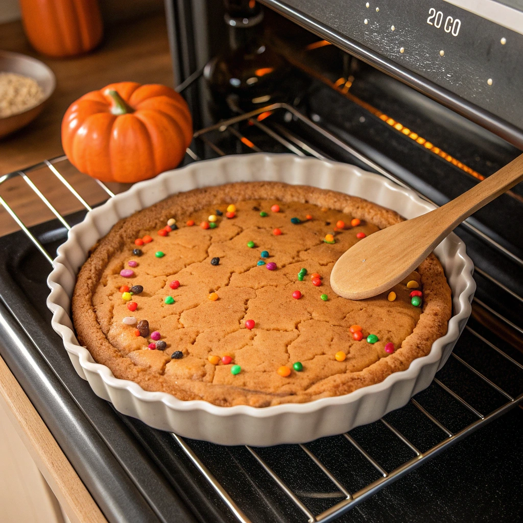 Baking Halloween pumpkin cookie cake in the oven