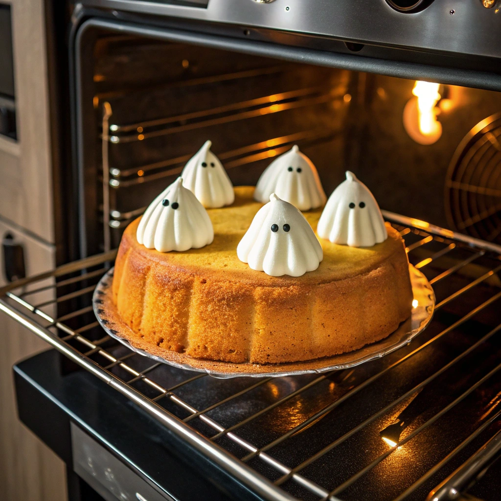 Baking Halloween pumpkin ghost cake in oven