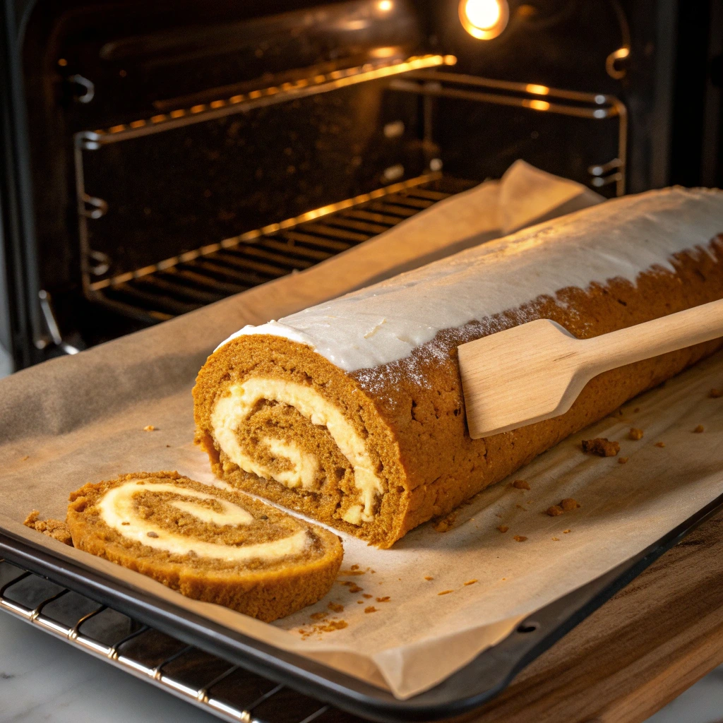 Gothic Pumpkin Spice Roll Cake for Haunted Autumn Evenings 10 Baking Halloween Pumpkin Spice Roll Cake in oven