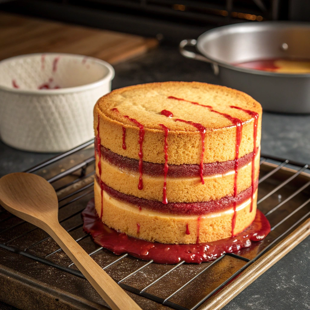 Halloween Vampire Blood Cake baking in oven
