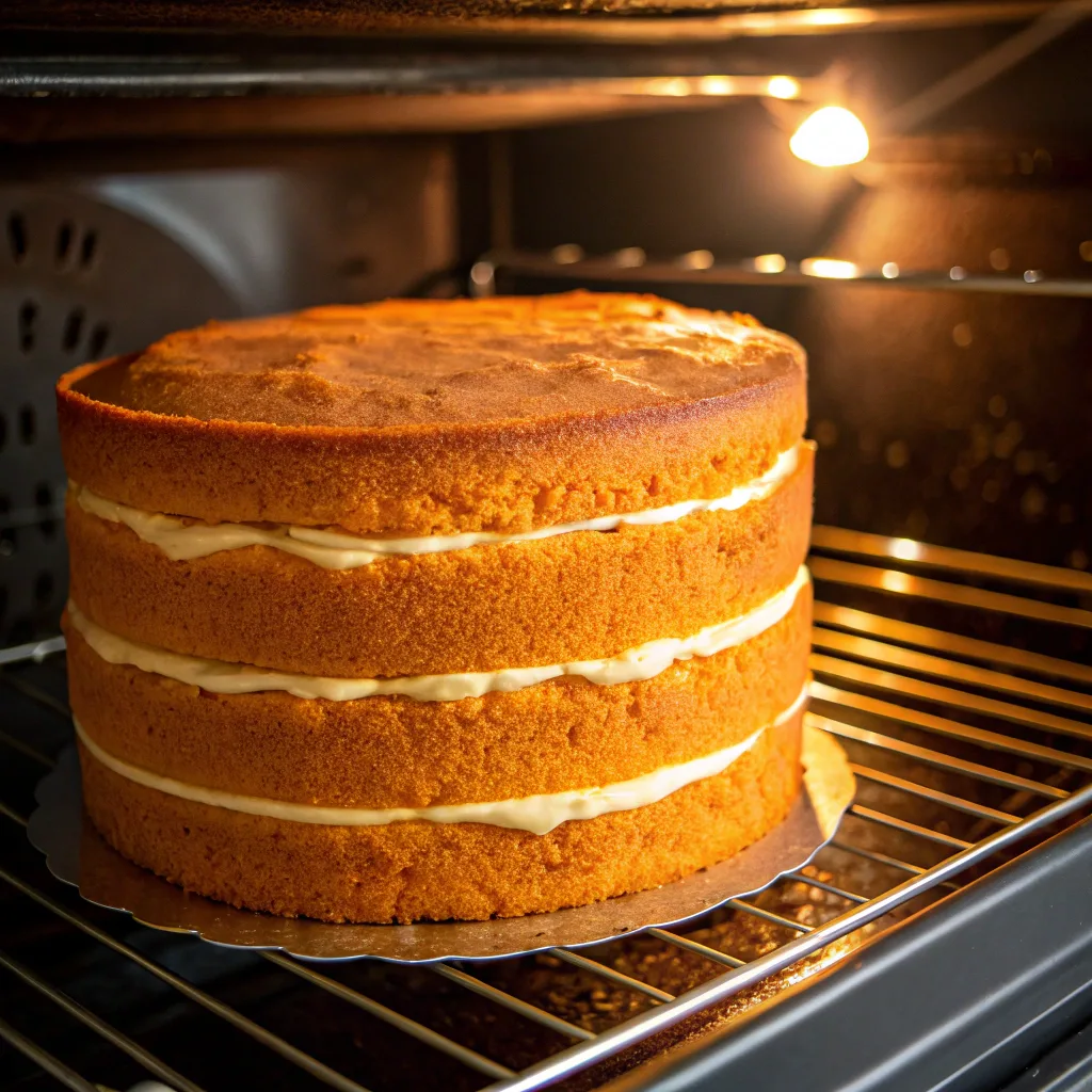 Baking haunted pumpkin layer cake layers in oven