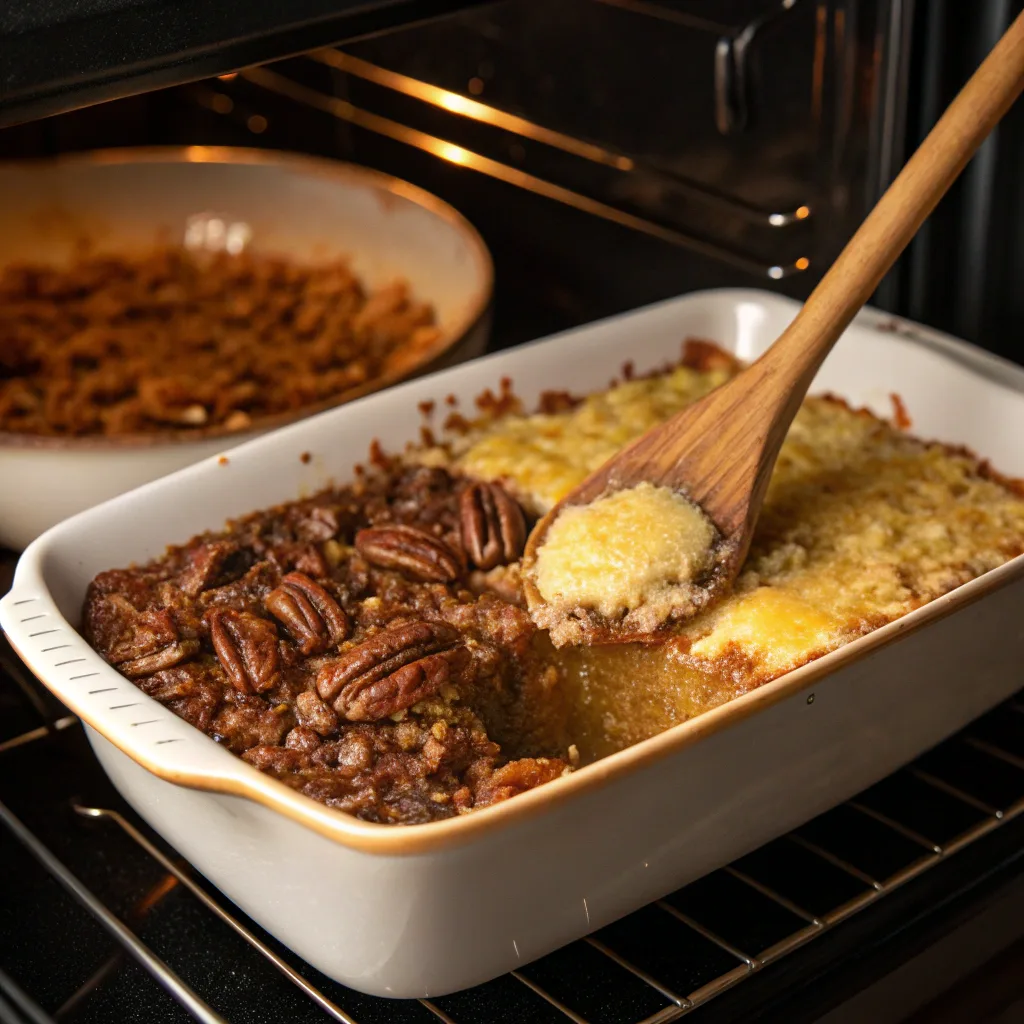 Pecan Pie Dump Cake Bars for Holidays and Weeknights 10 Cooking pecan pie dump cake in oven