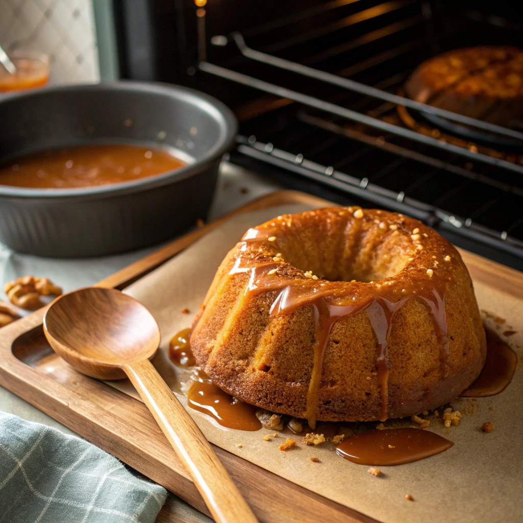 Pumpkin caramel cake baking in oven