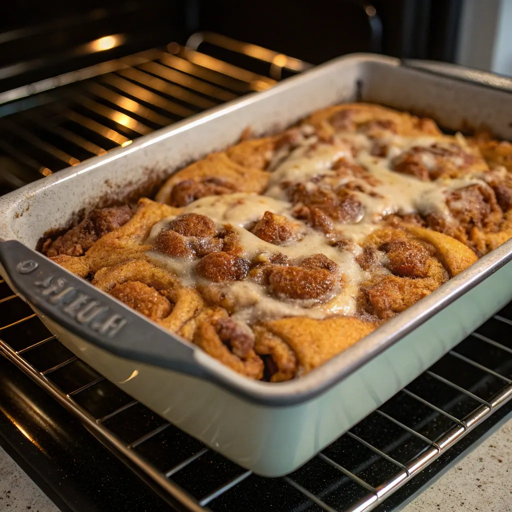 Baking pumpkin cinnamon roll dump cake in oven