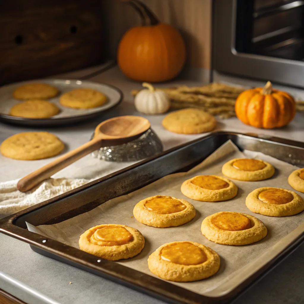 Chewy pumpkin cookies baking in oven