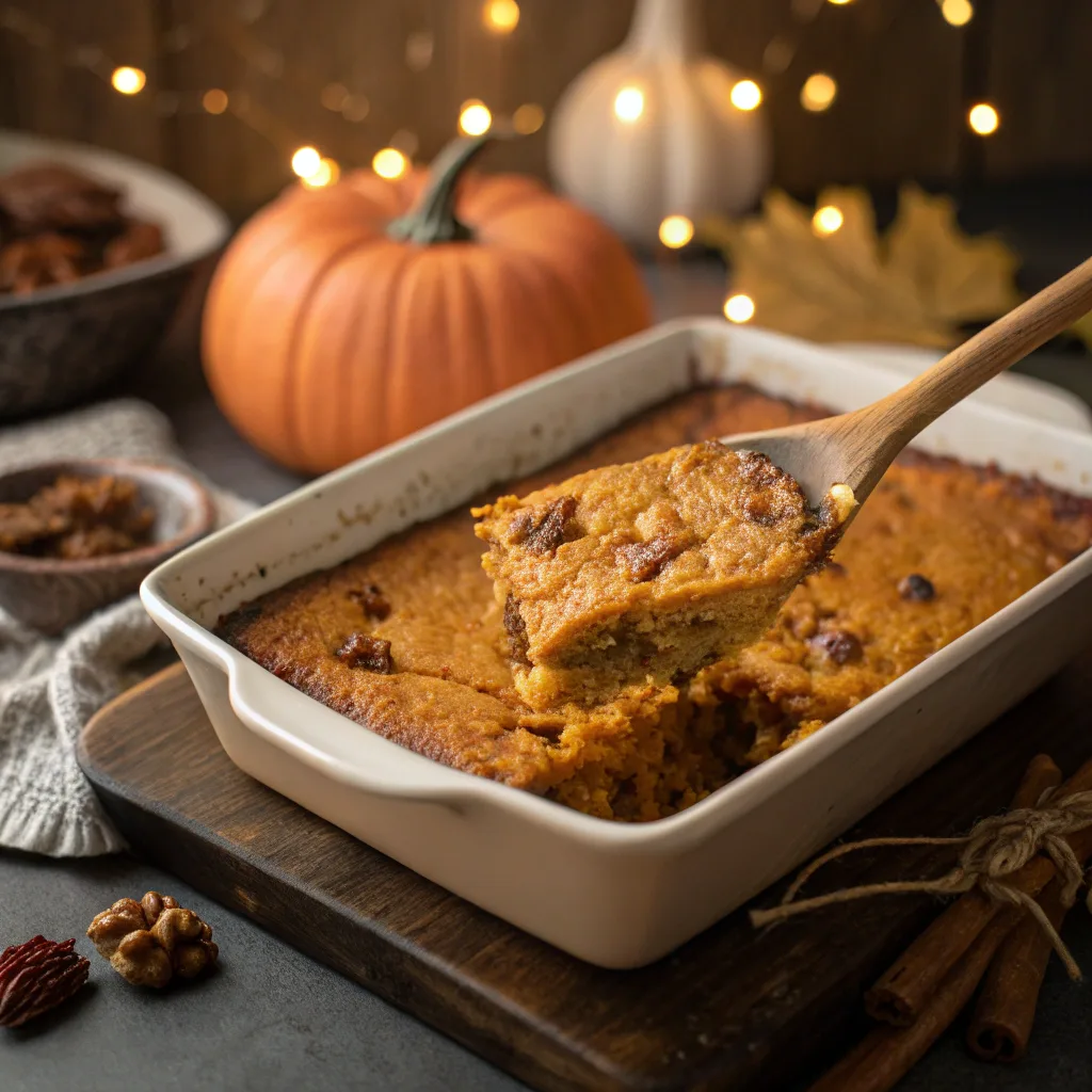 Pumpkin protein dump cake cooking in a 9x13-inch pan