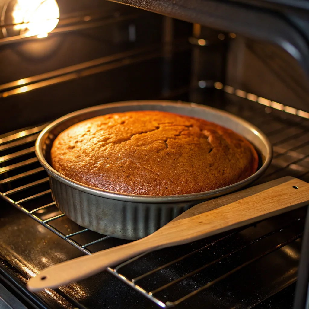 Halloween Pumpkin Spice Cake Made with Fresh Pumpkin 10 Pumpkin spice cake baking in oven