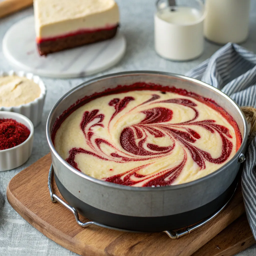 Red velvet cheesecake baking in oven