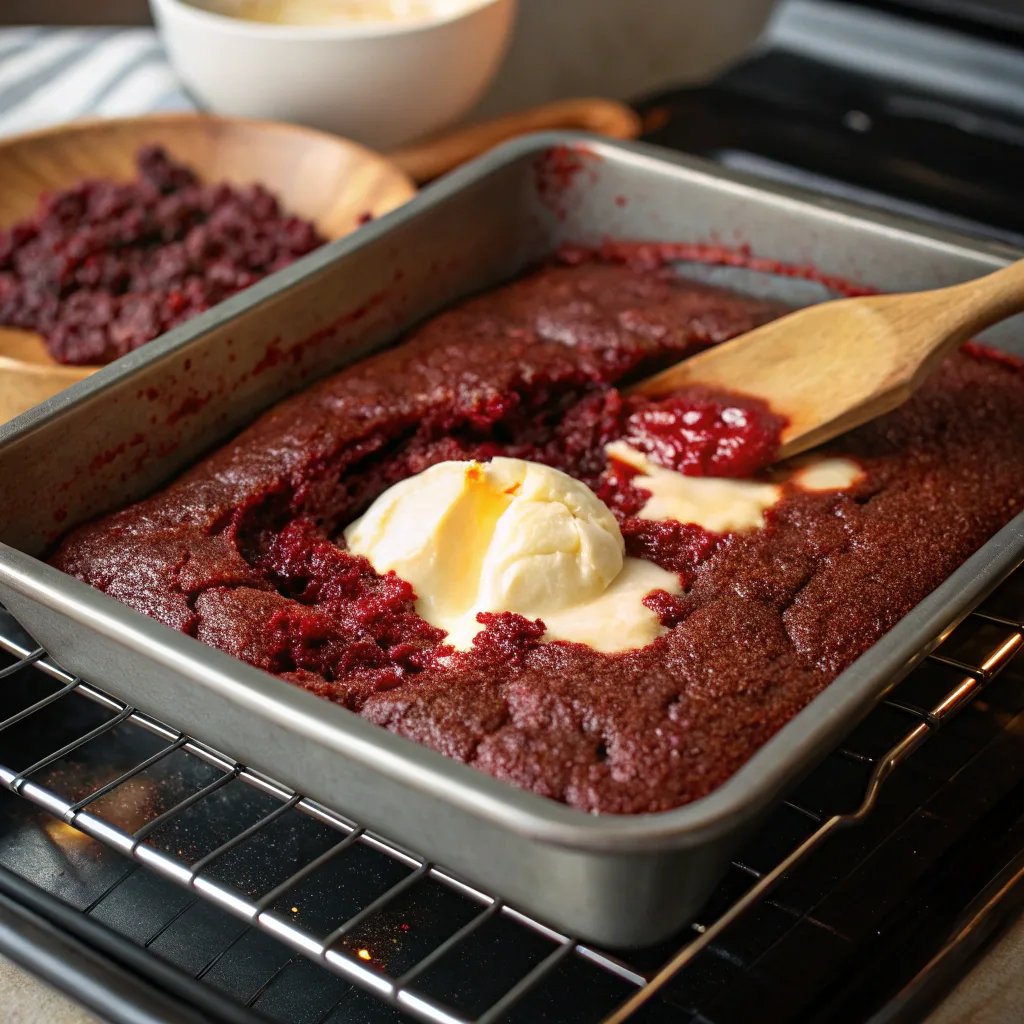 Sinister Spider Web Red Velvet Lava Dump Cak – Scary Halloween Cake 10 Red velvet lava dump cake baking in pan