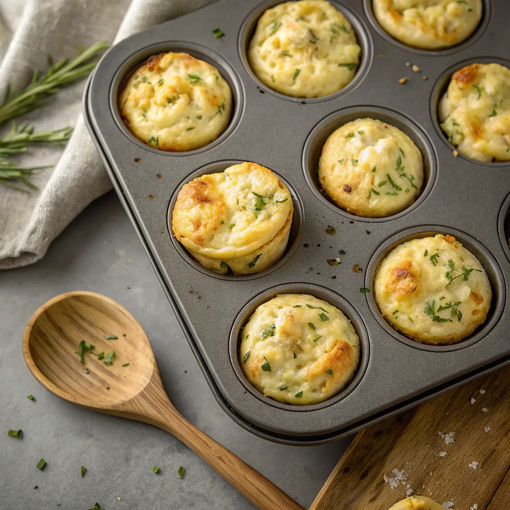 Baking savory cheese & herb dump cake bites in pan