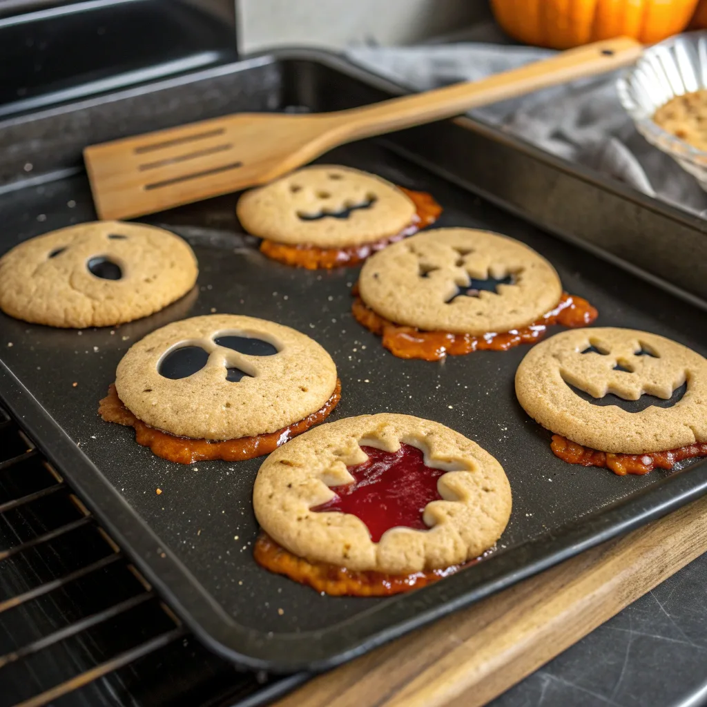 Baking slime filled halloween cookies in oven