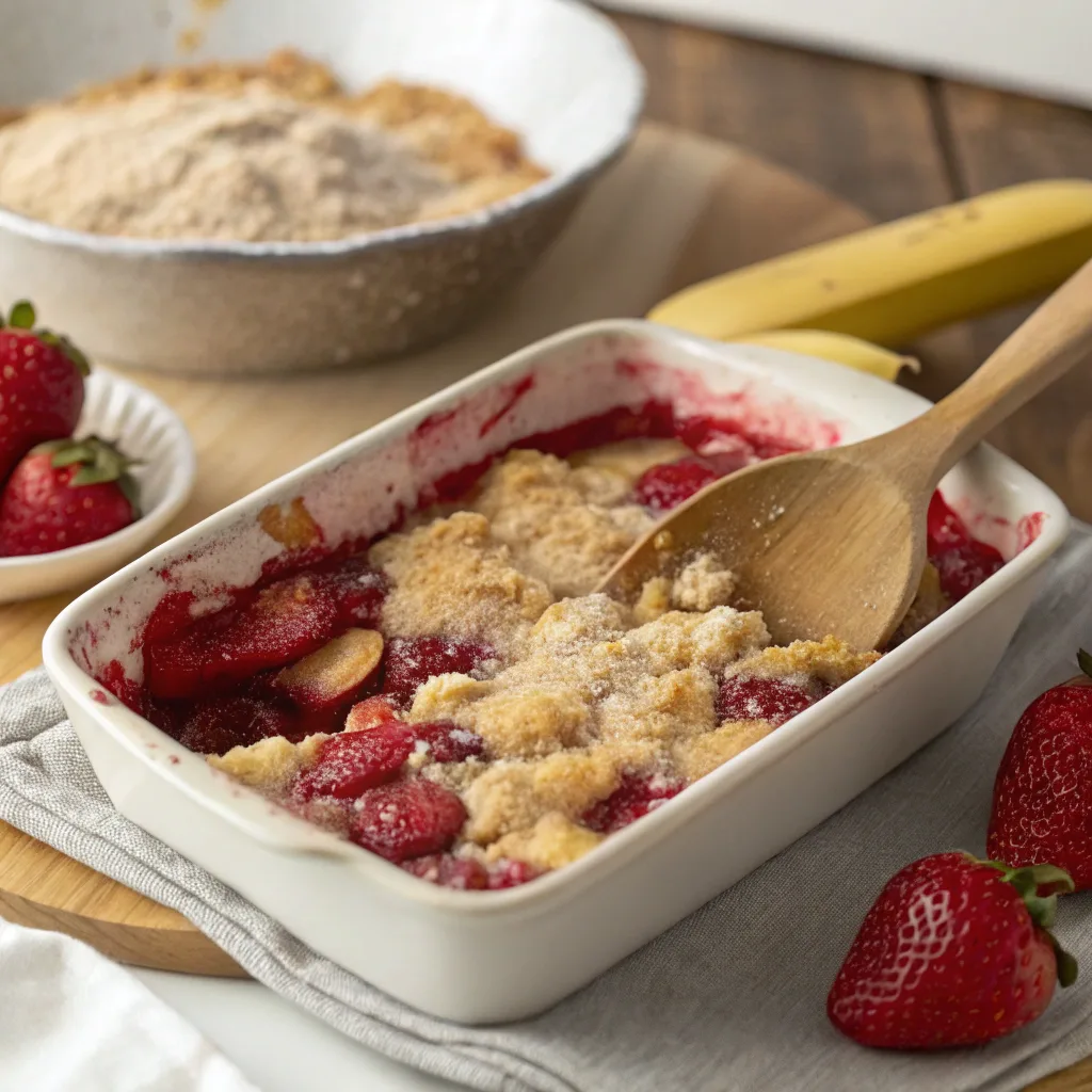 Vampire’s Strawberry Banana Dump Cake – Blood-Red Halloween Treat 10 Strawberry banana dump cake cooking in a baking dish