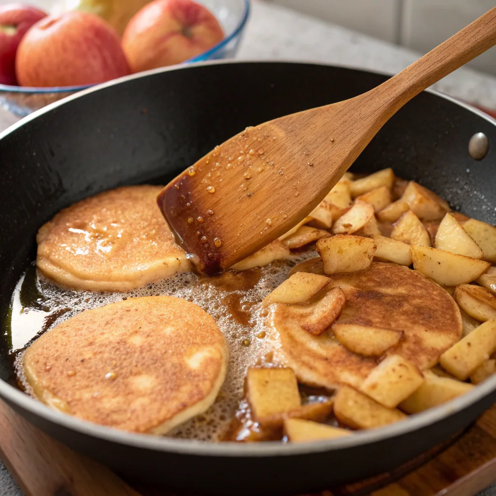 Cooking apple cinnamon pancakes in skillet