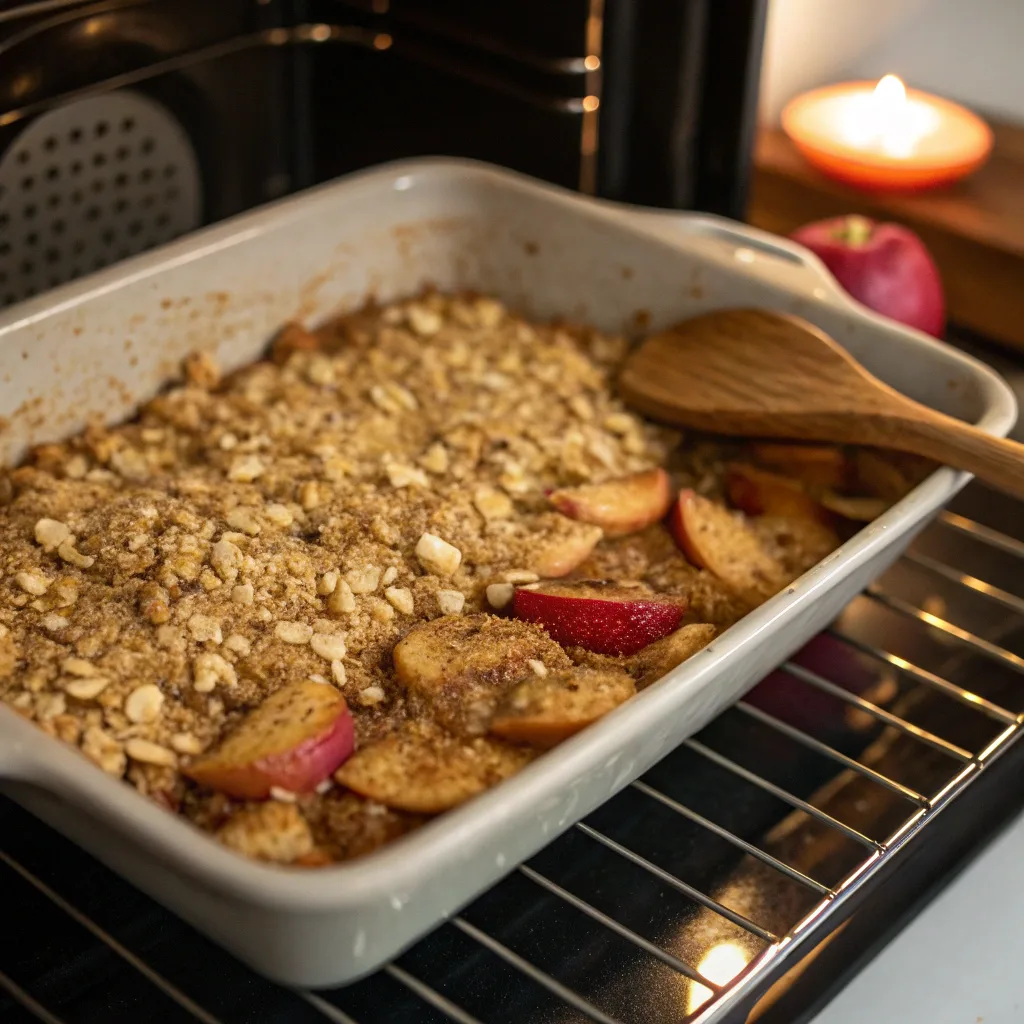 Cooking apple oat dump cake in oven