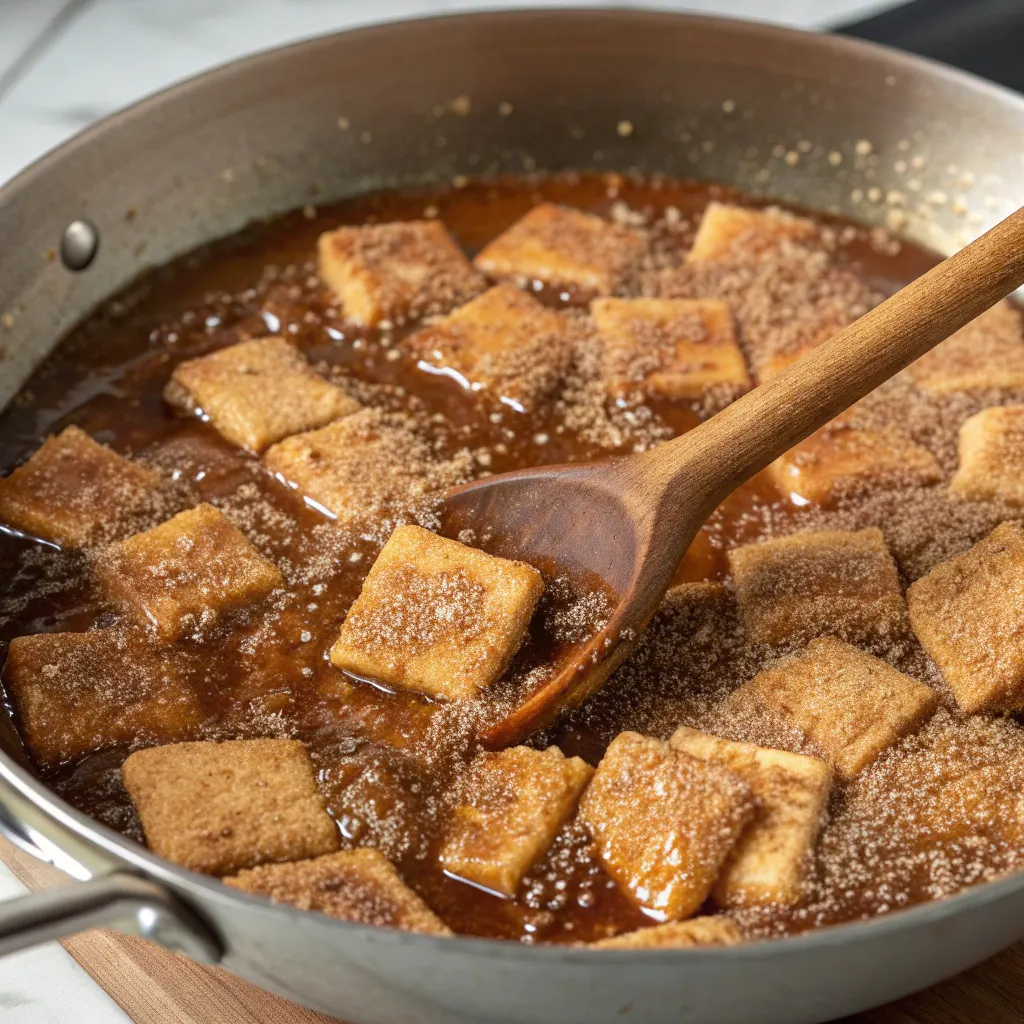 Cooking churro saltine toffee in pan