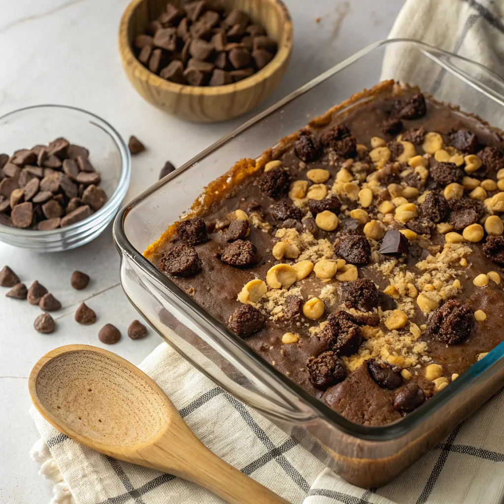 Cooking peanut butter chocolate dump cake in dish