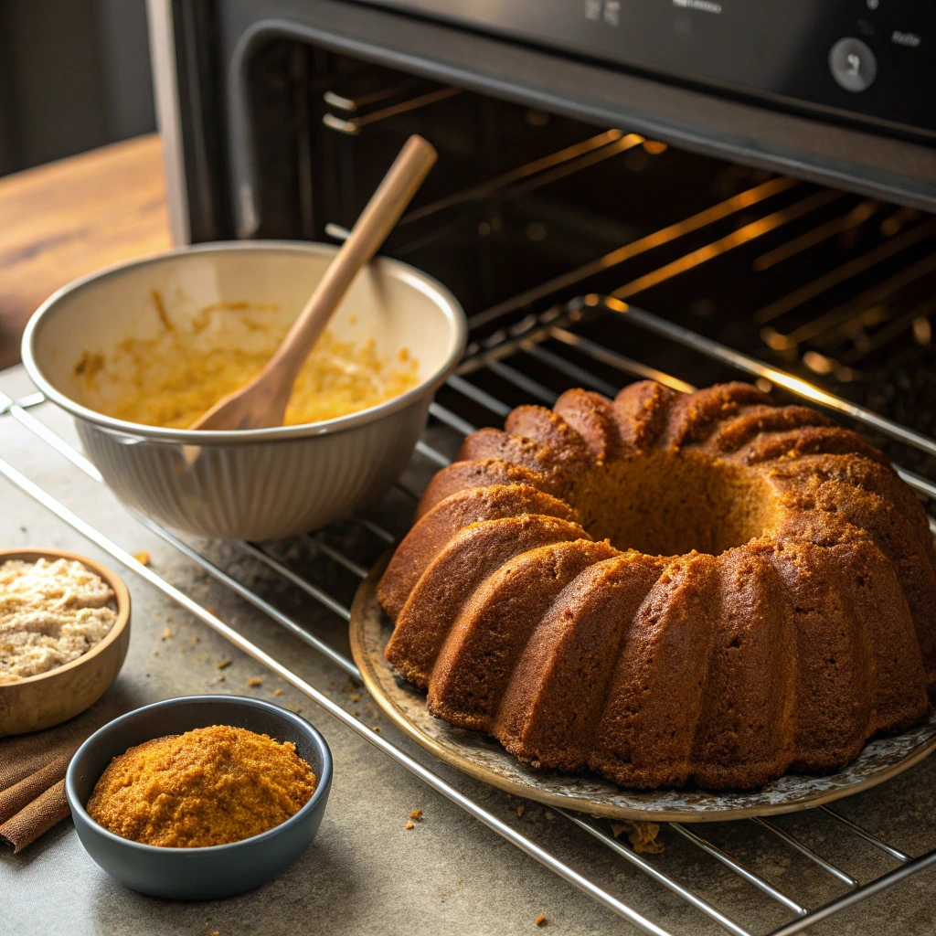 Halloween Pumpkin Bundt Cake – Easy, Moist, and Family-Friendly 10 Baking pumpkin bundt cake in oven