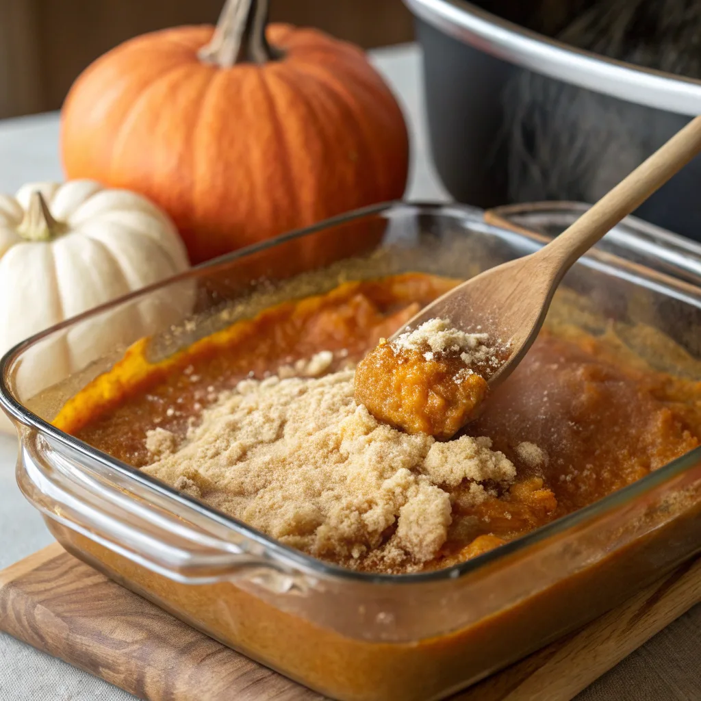 Mid-cooking pumpkin dump cake in oven