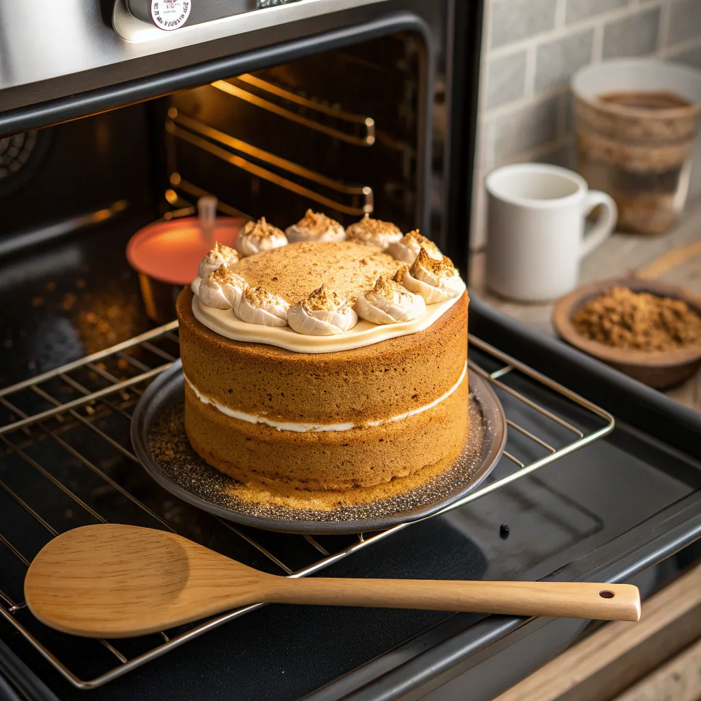 Cooking pumpkin spice latte cake in oven