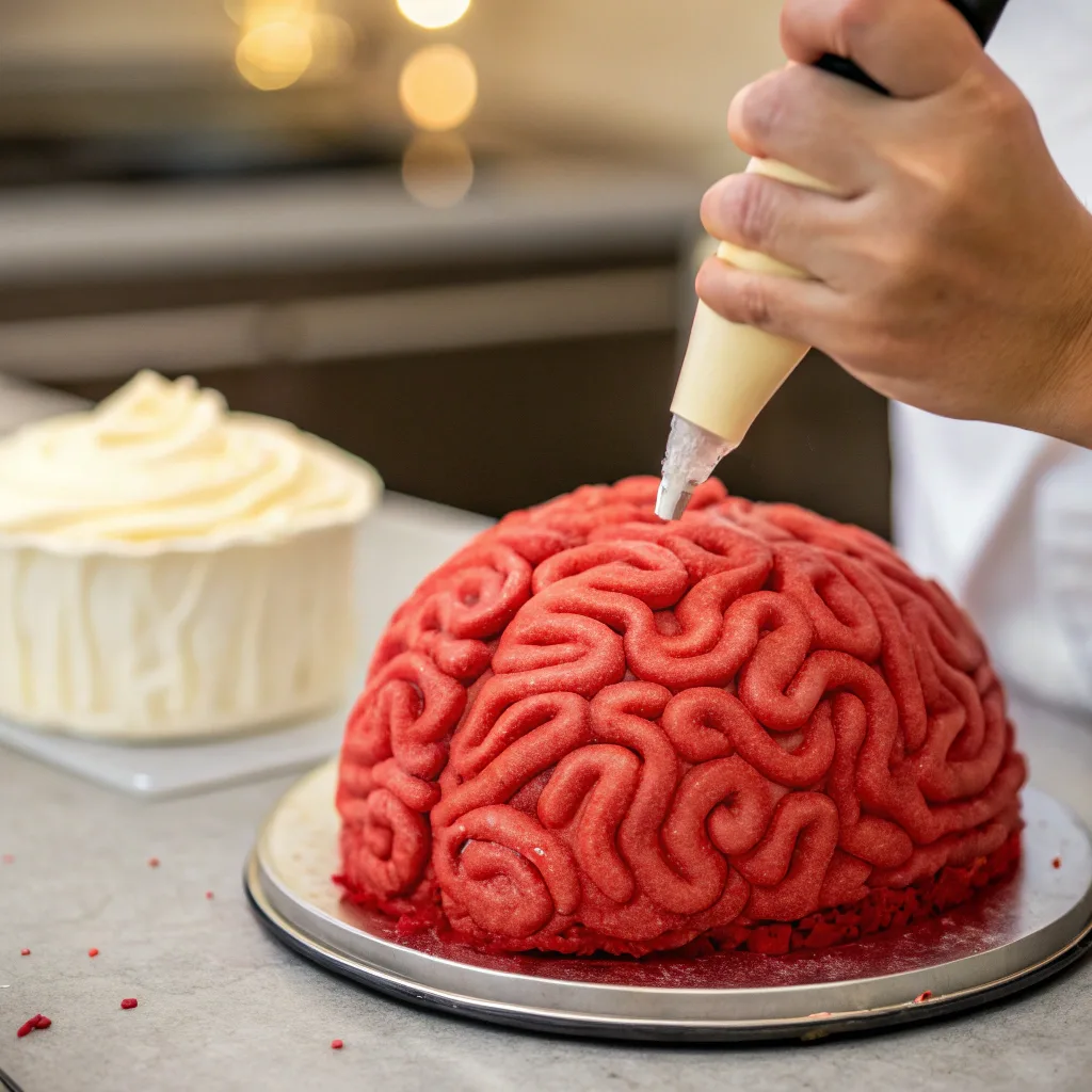 Piping cream cheese frosting onto brain cake