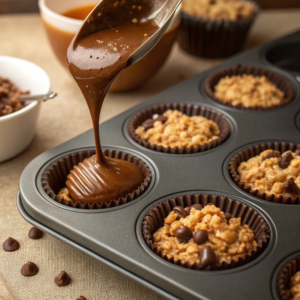 Cooking chocolate peanut butter rice krispie cups in muffin tin