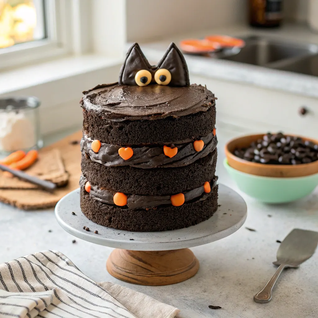 Frosting Halloween black cat cake layers