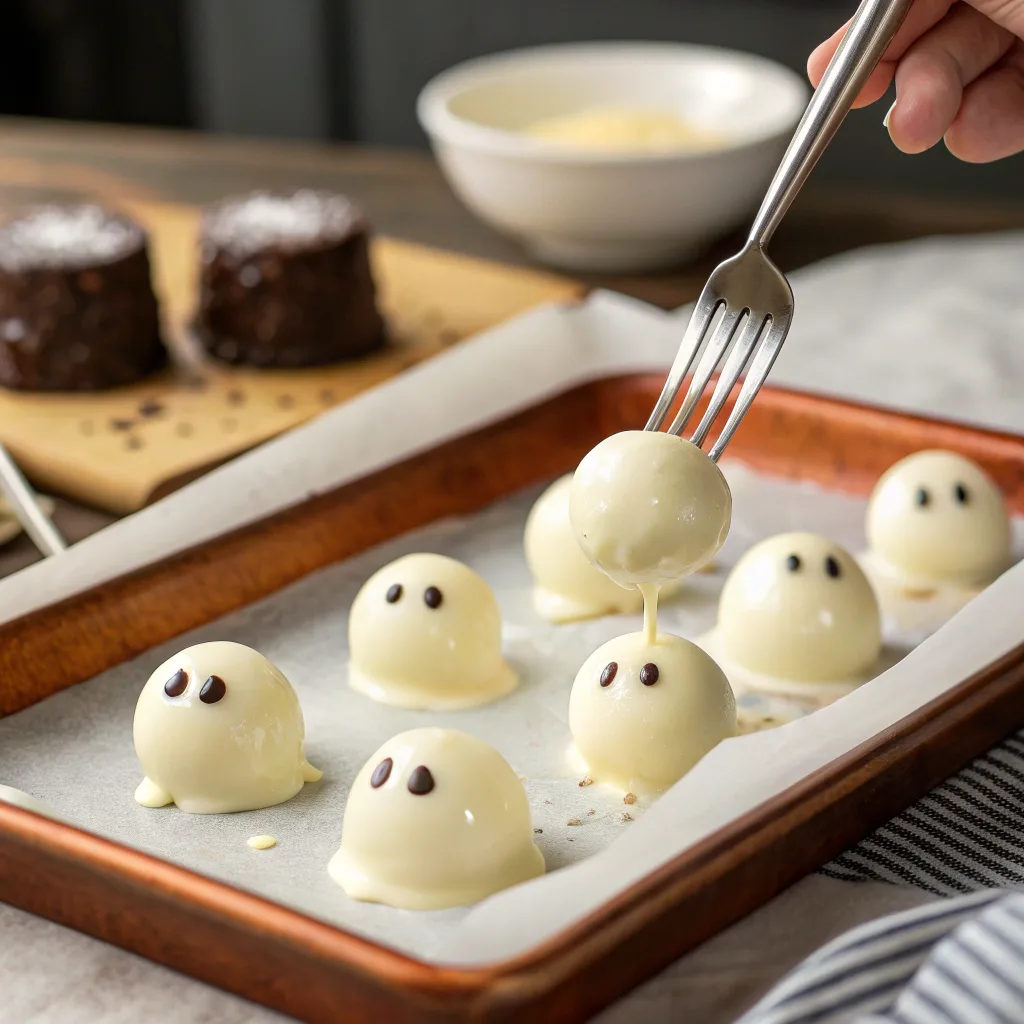 Dipping ghost Oreo balls in white chocolate