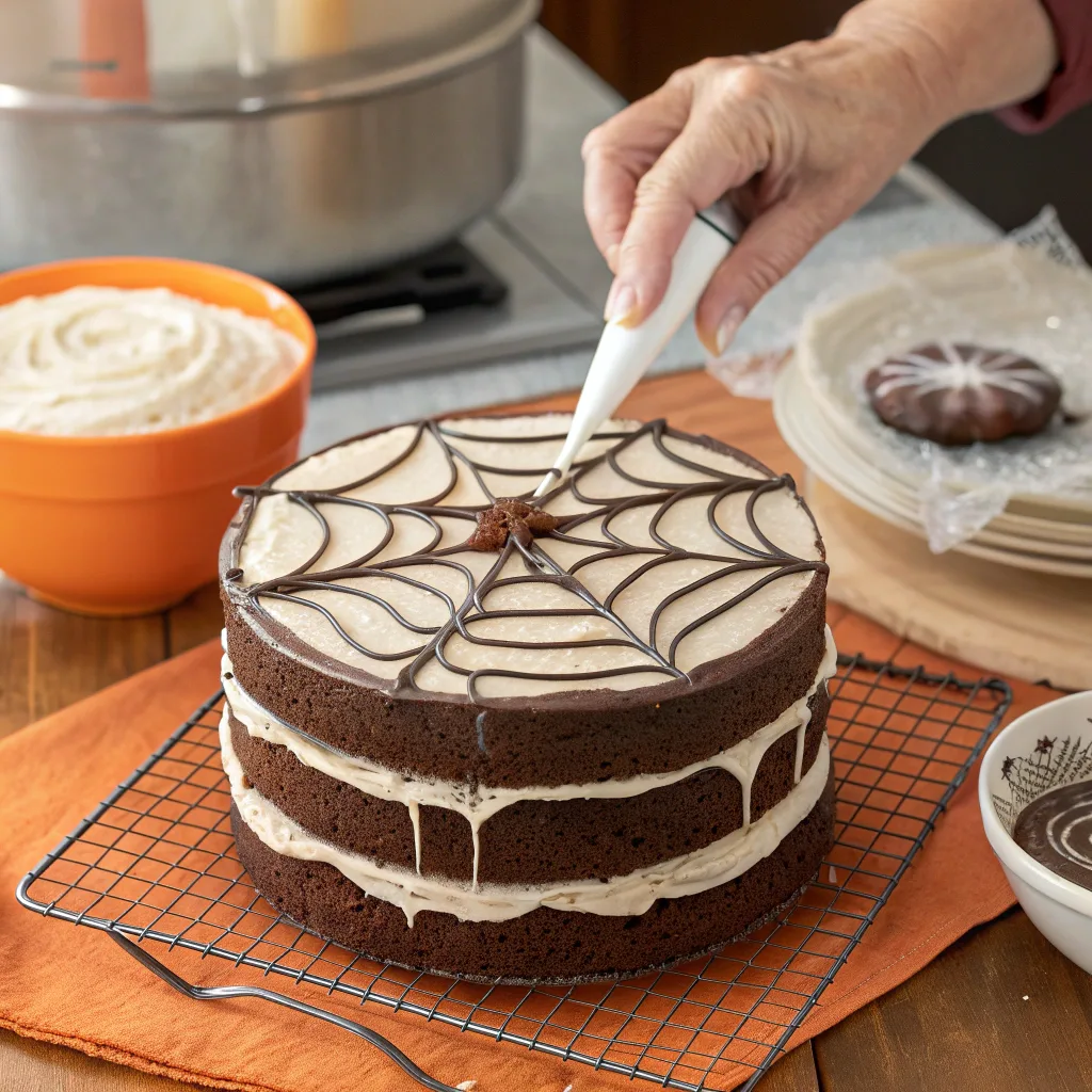 Frosting Halloween Chocolate Spiderweb Cake layers