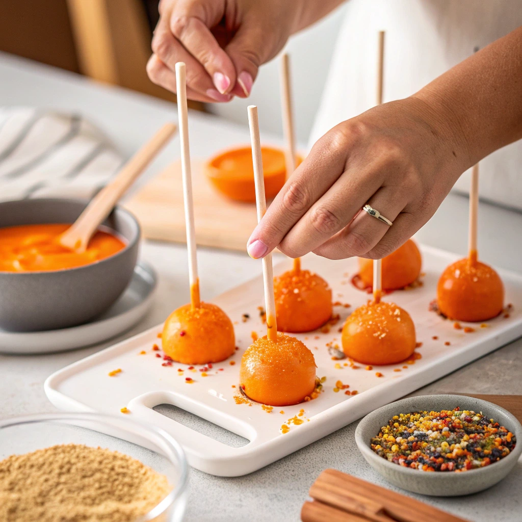 Dipping Halloween pumpkin cake pops