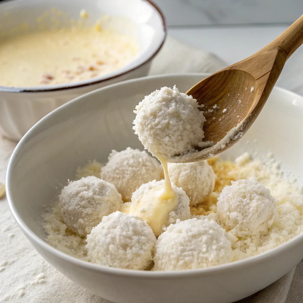 Mixing ingredients for no bake coconut cream balls