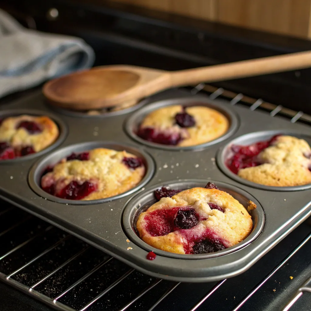 Mini berry dump cakes baking in muffin tin