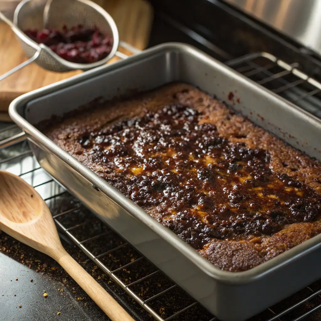 Molasses gingerbread dump cake baking in pan