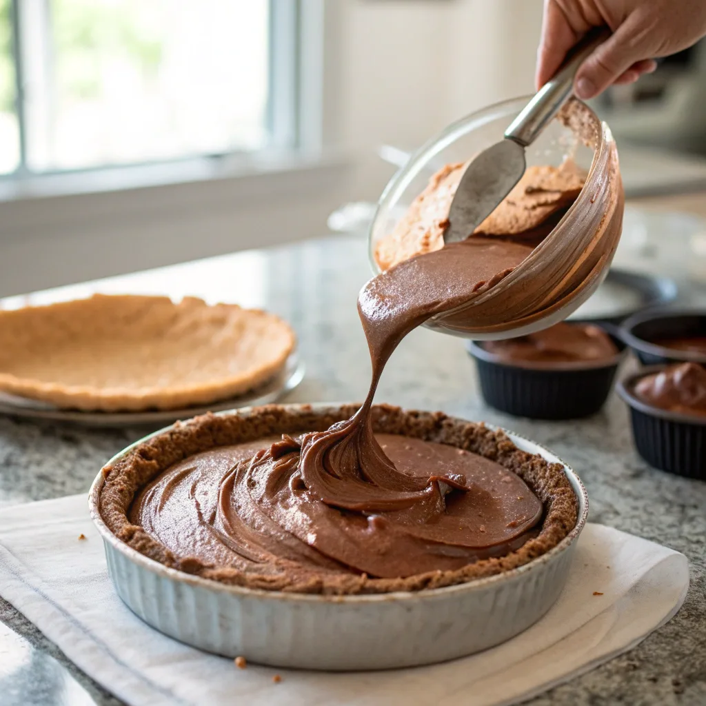 Sky-High Chocolate Mousse Pie – Chocolate Lovers’ Dream Dessert 10 Pouring chocolate mousse into pie crust