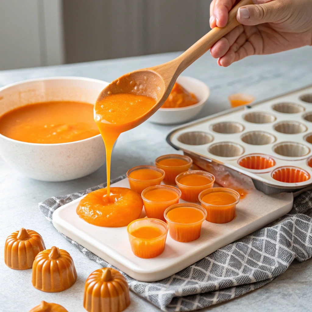 Pumpkin Jello Shots with Fireball: Perfect Halloween and Thanksgiving Party Ideas 10 Pouring pumpkin jello shot mixture into cups