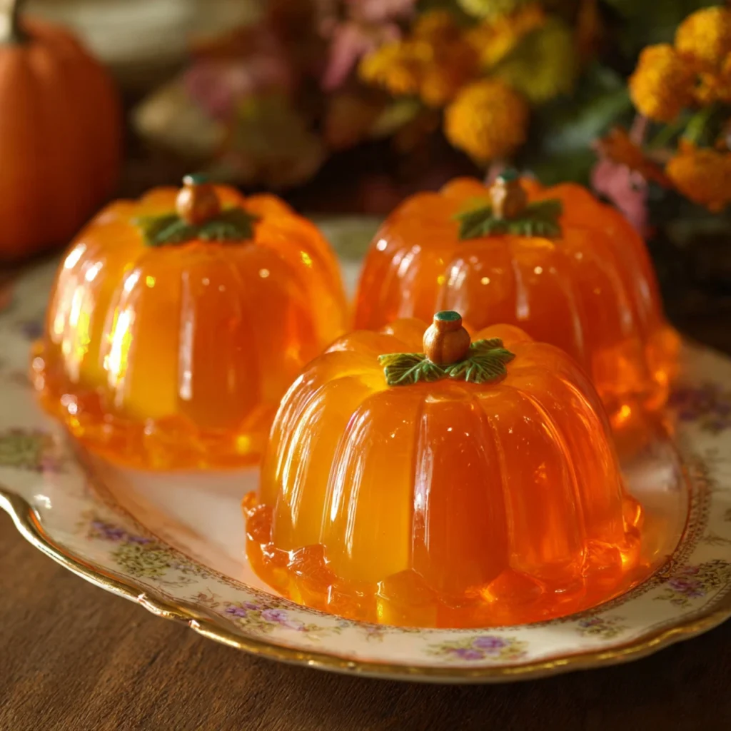 Describe pumpkin-flavored jello shots in festive Halloween cups or molds.