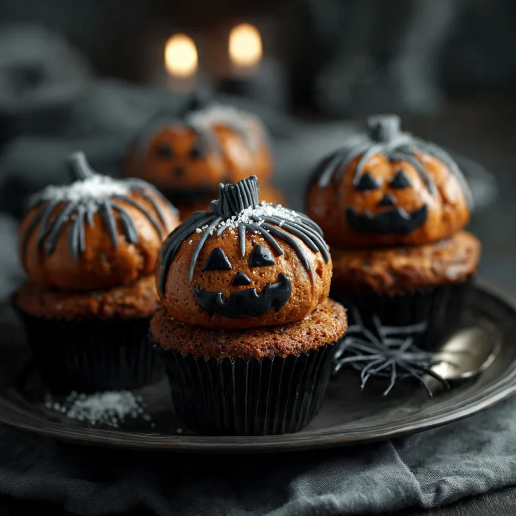 Focus on mini pumpkin cupcakes with Halloween-themed decorations.