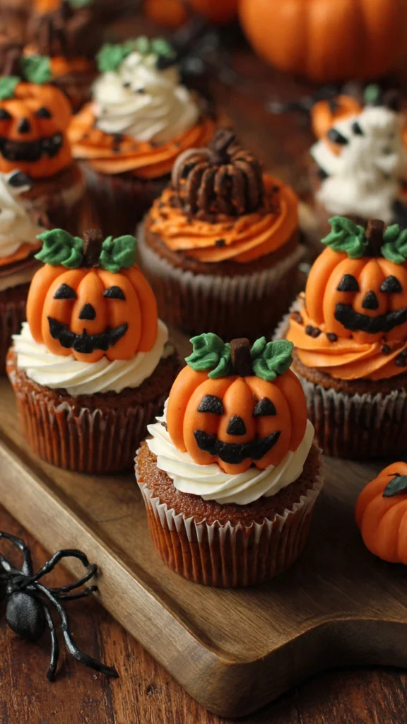 Describe decorated pumpkin cupcakes with Halloween toppers.