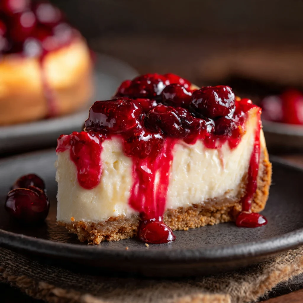 Halloween Bloody Berry Cheesecake slice with vibrant berry topping