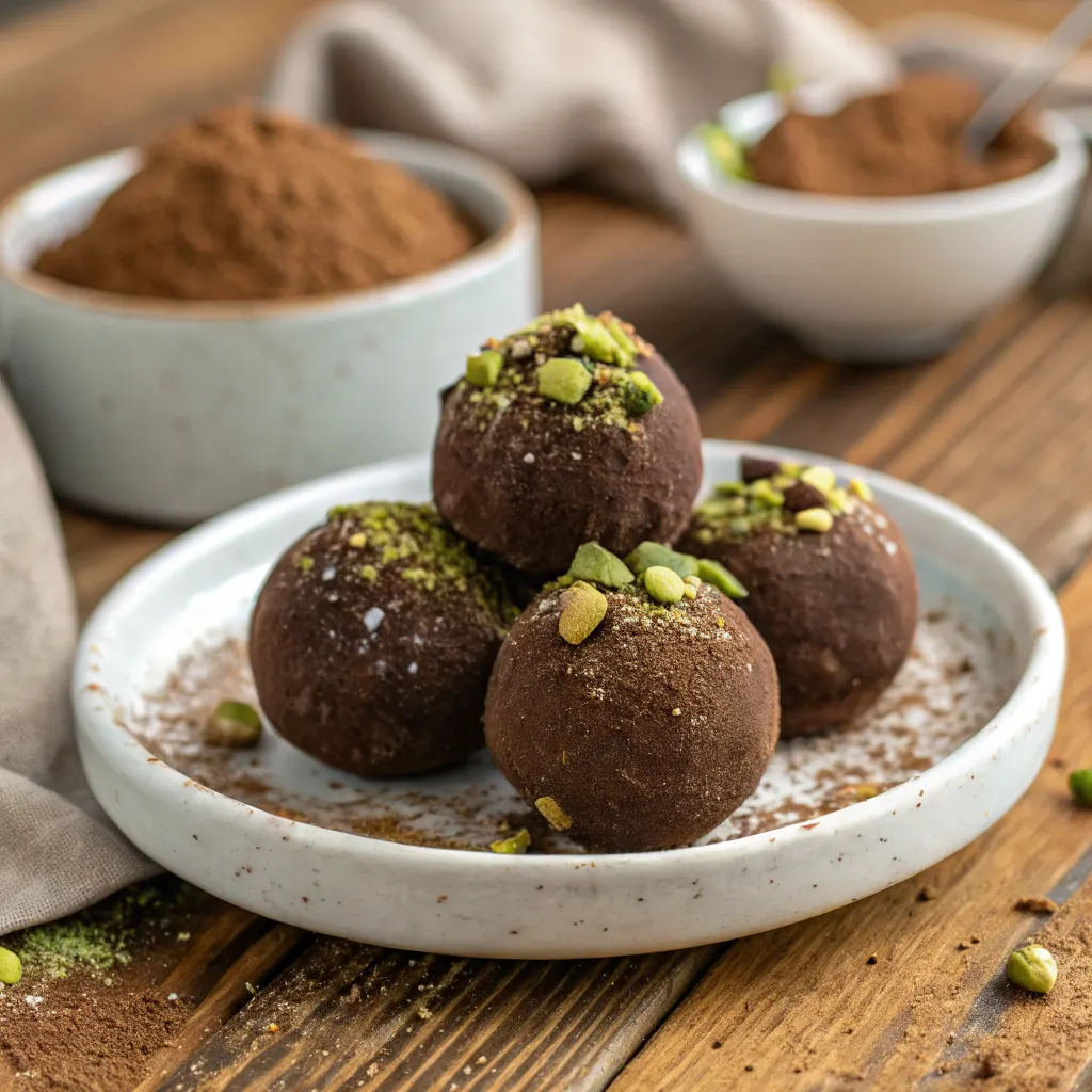 Stack of Dubai chocolate balls topped with pistachios