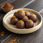 Orange Chocolate Truffles Recipe Easy – Quick & Delicious at Home 12 Orange chocolate truffles on a plate with cocoa powder and orange slices