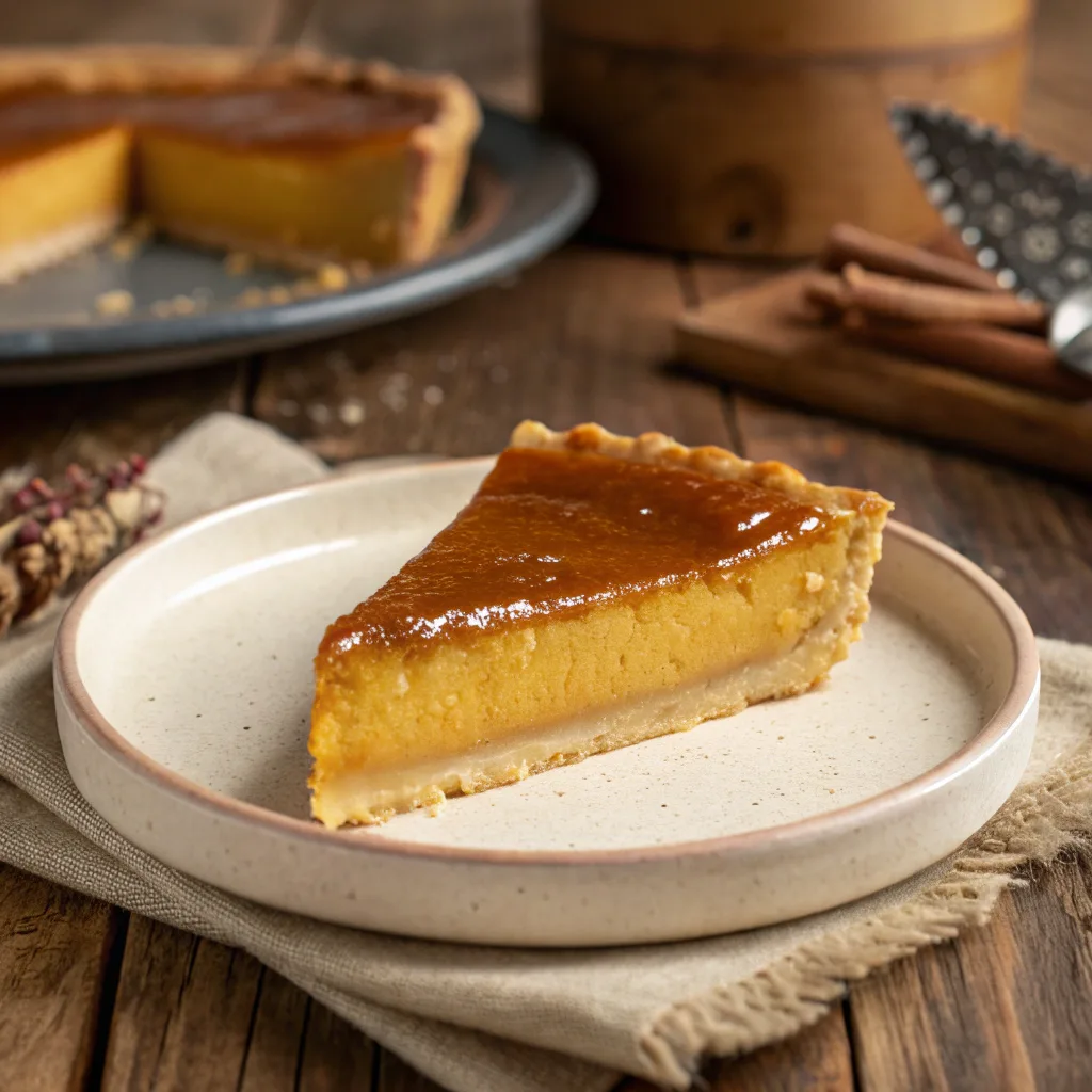 Slice of Burnt Honey Pie with caramel drizzle