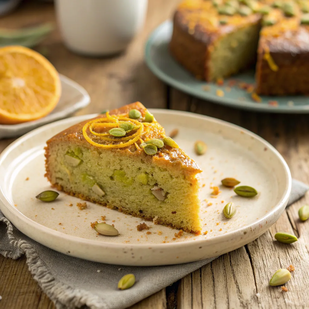 Slice of Cardamom Orange Pistachio Tea Cake on plate
