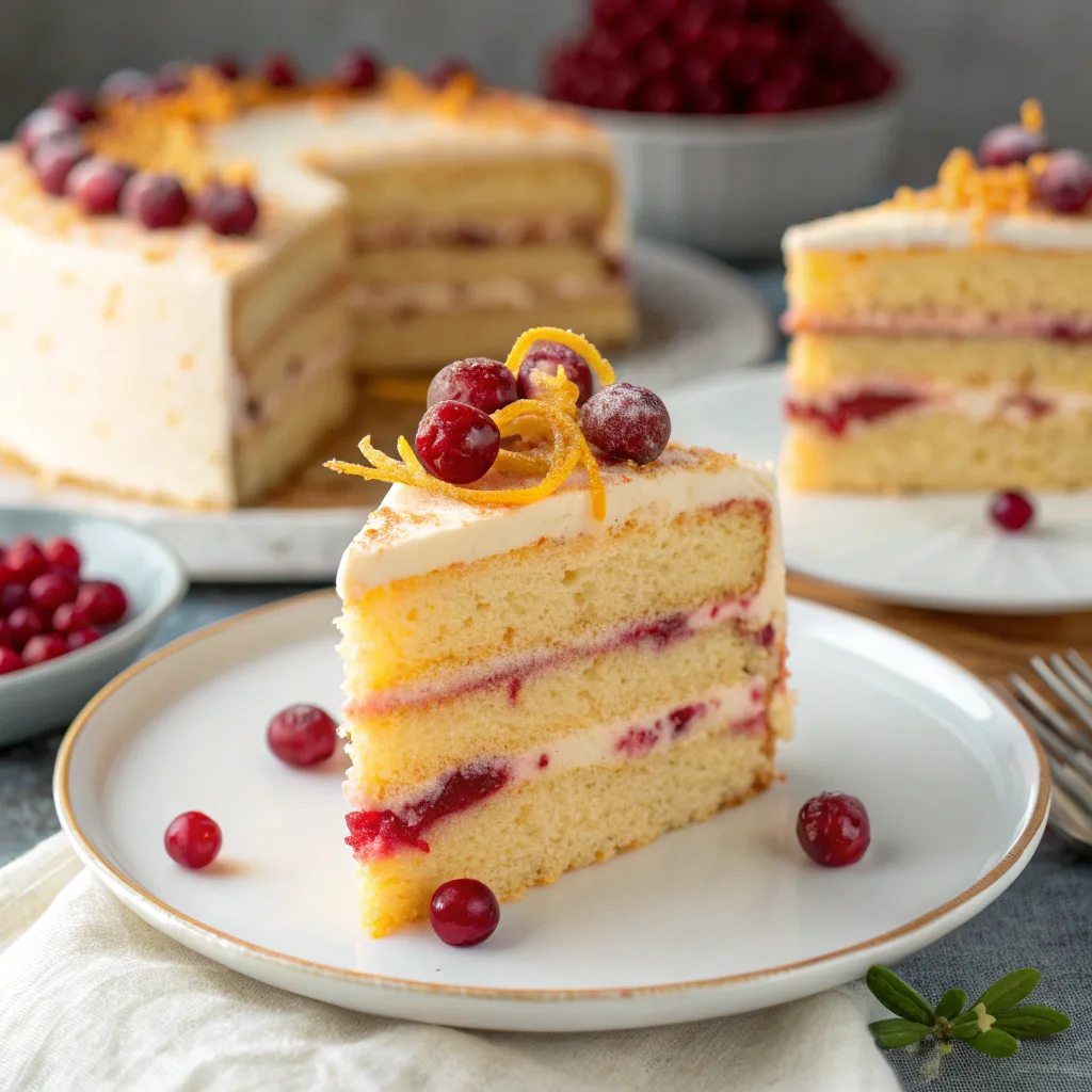 Slice of cranberry orange layer cake on a plate