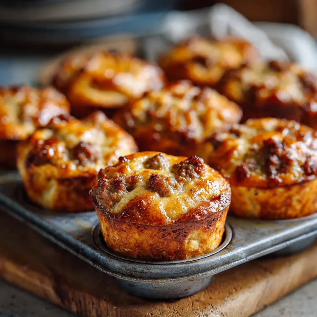 High-protein pancake sausage muffin on rustic plate