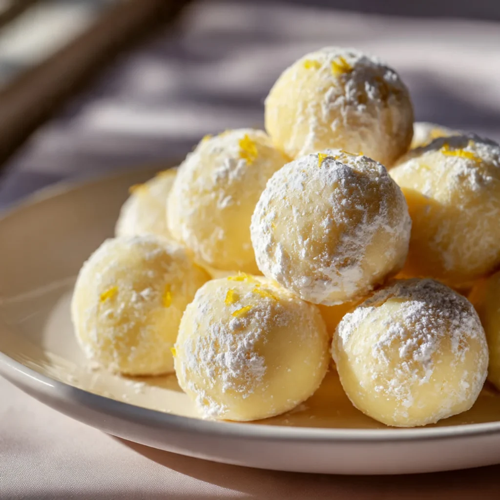 Close-up of lemon truffle with powdered sugar