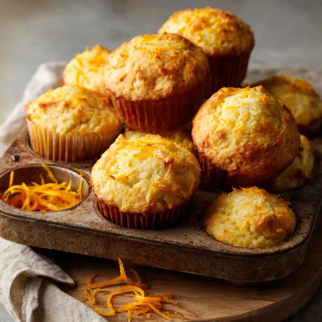 Freshly baked orange zest muffin split open
