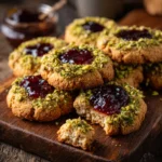 Freshly baked pistachio thumbprint cookie with jam