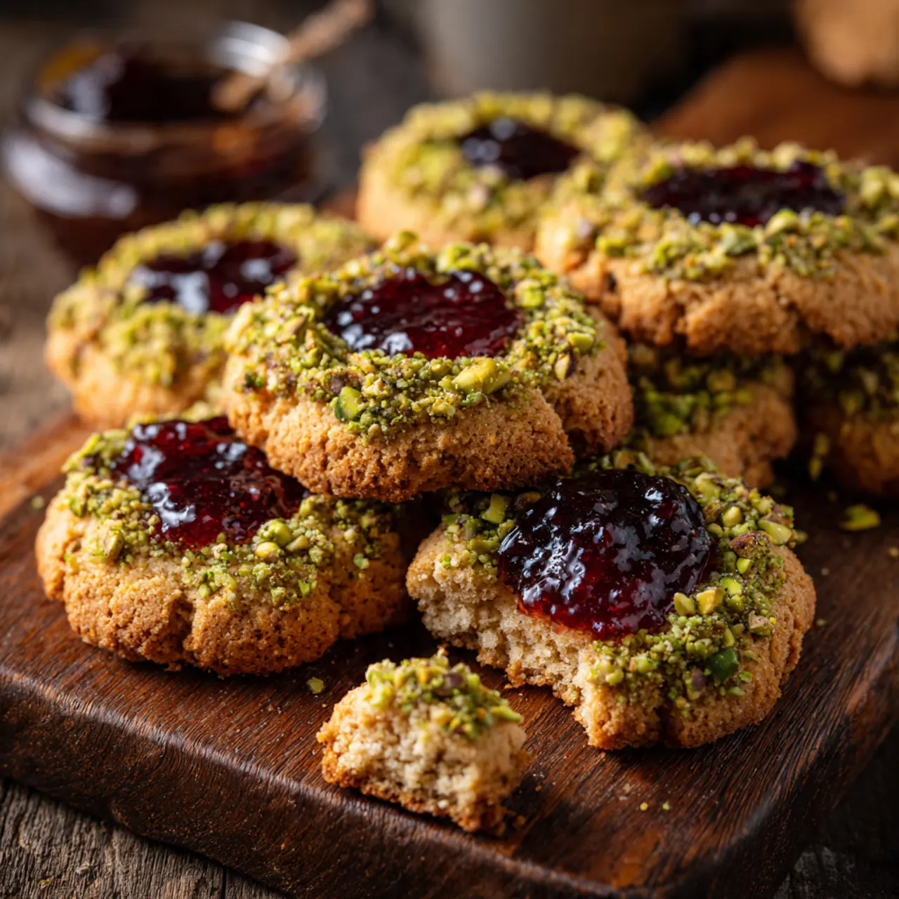 Freshly baked pistachio thumbprint cookie with jam