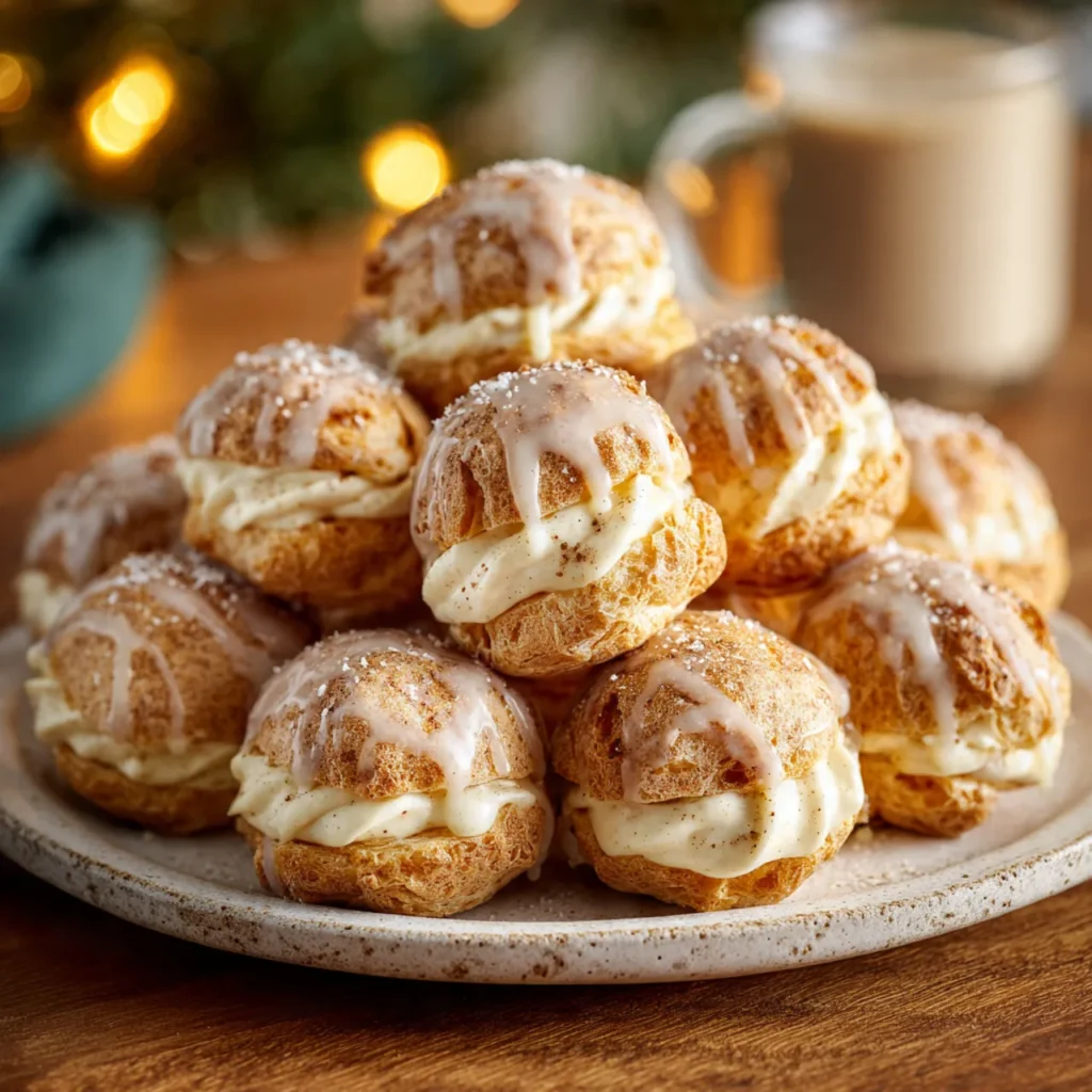 Close-up of eggnog cream puffs with nutmeg and glaze