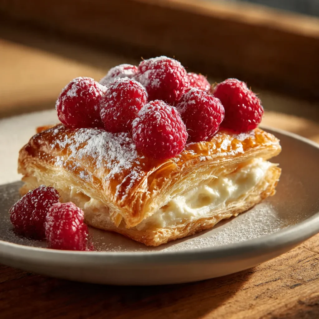 Close-up of raspberry cream cheese bite with puff pastry